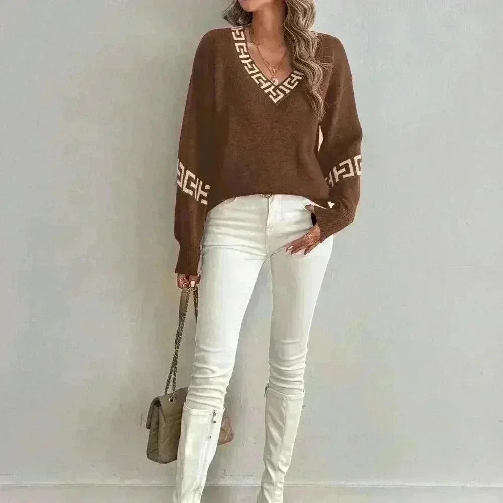 Multicolor Casual Women's V-Neck Drop Shoulder Loose Pullover Sweater - Picture 3 of 6
